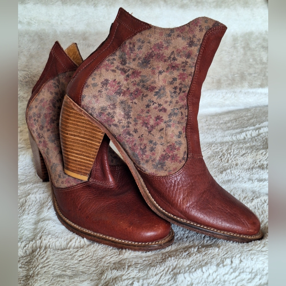 Anthropologie Floral Leather Heeled Boots